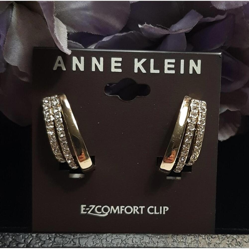 NEW Anne Klein Goldtone & Crystal Hoop EZ Comfort Clip On Earrings